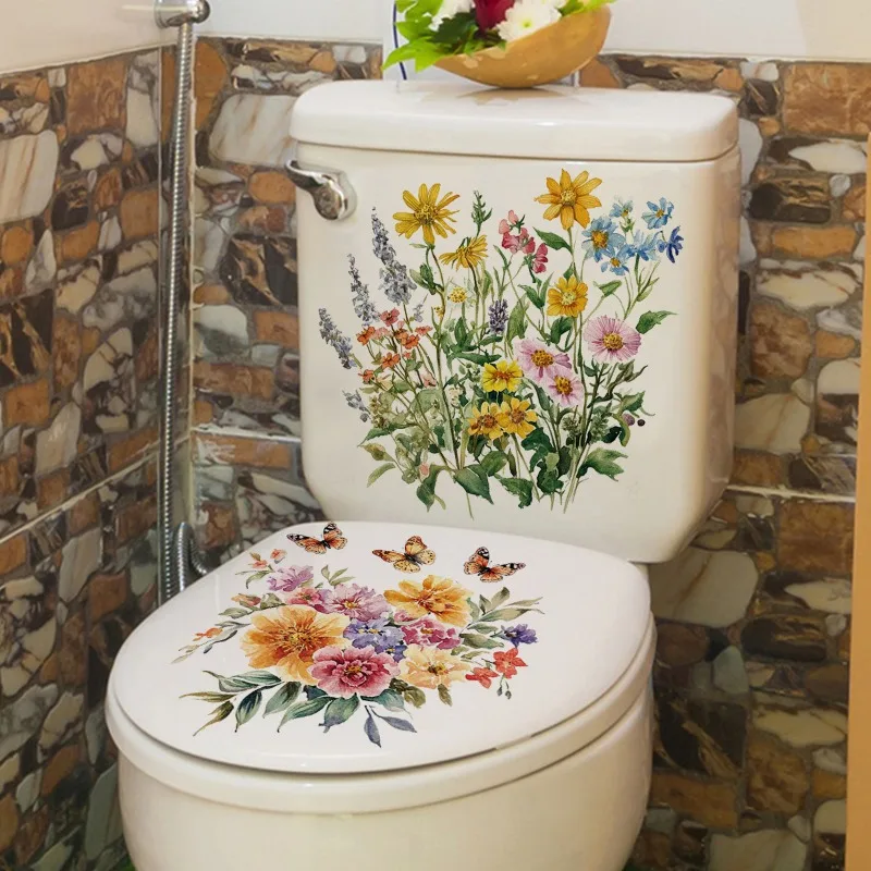 DIY Waterproof Cartoon Flower Bathroom Stickers Removable Toilet Tank Vinyl Decals for Bathroom Decor Home Decoration Art