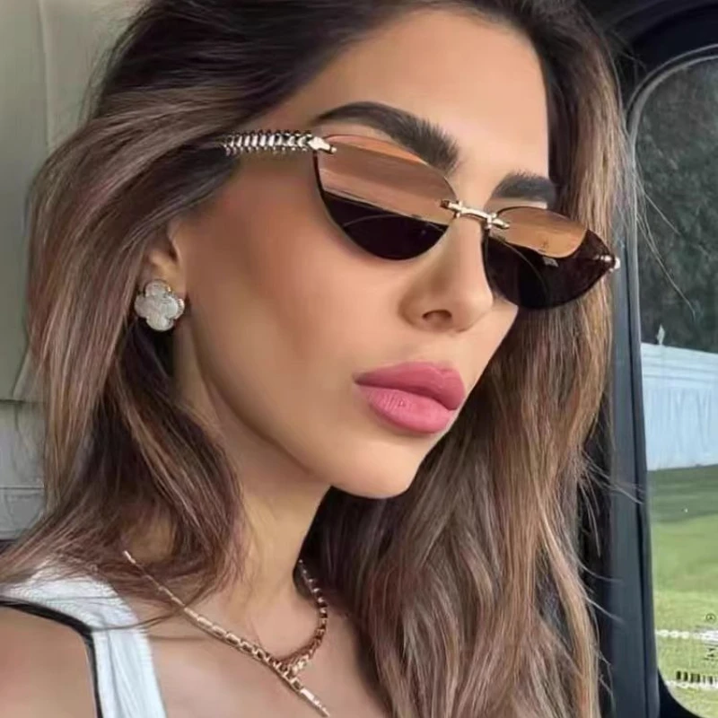 Katzenaugen-Sonnenbrille ohne Rand für Damen, Luxus-Modemarke, Ovale Schmale Sonnenbrillen, Trendige Elegante Einzigartige Eyewear – Detail 2
