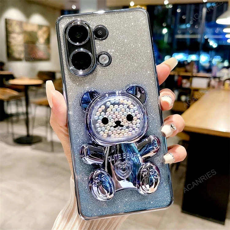 Étui en silicone plaqué avec support d'ours mignon pour Xiaomi Redmi Note 13 Pro 13pro Note13 4g 5g support couverture Mi Poco X6 M6 Pro Pocox6_voghion.com