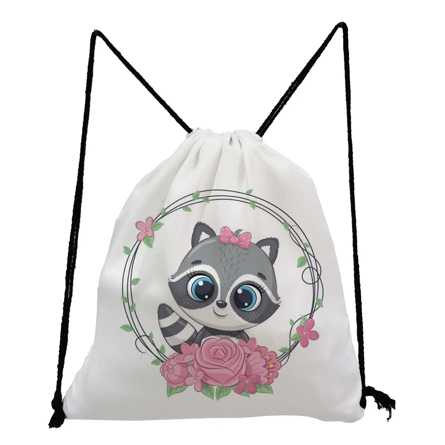 

Round Wreath Animal Pattern Drawstring Pocket Panda Rabbit Penguin Civet Print Backpacks for Students School Portable Shoes Bag