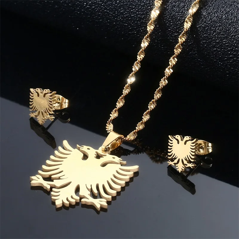 Albania Eagle Necklaces Earrings Sets Stainless Steel Jewelry Ethnic Women Girl 3