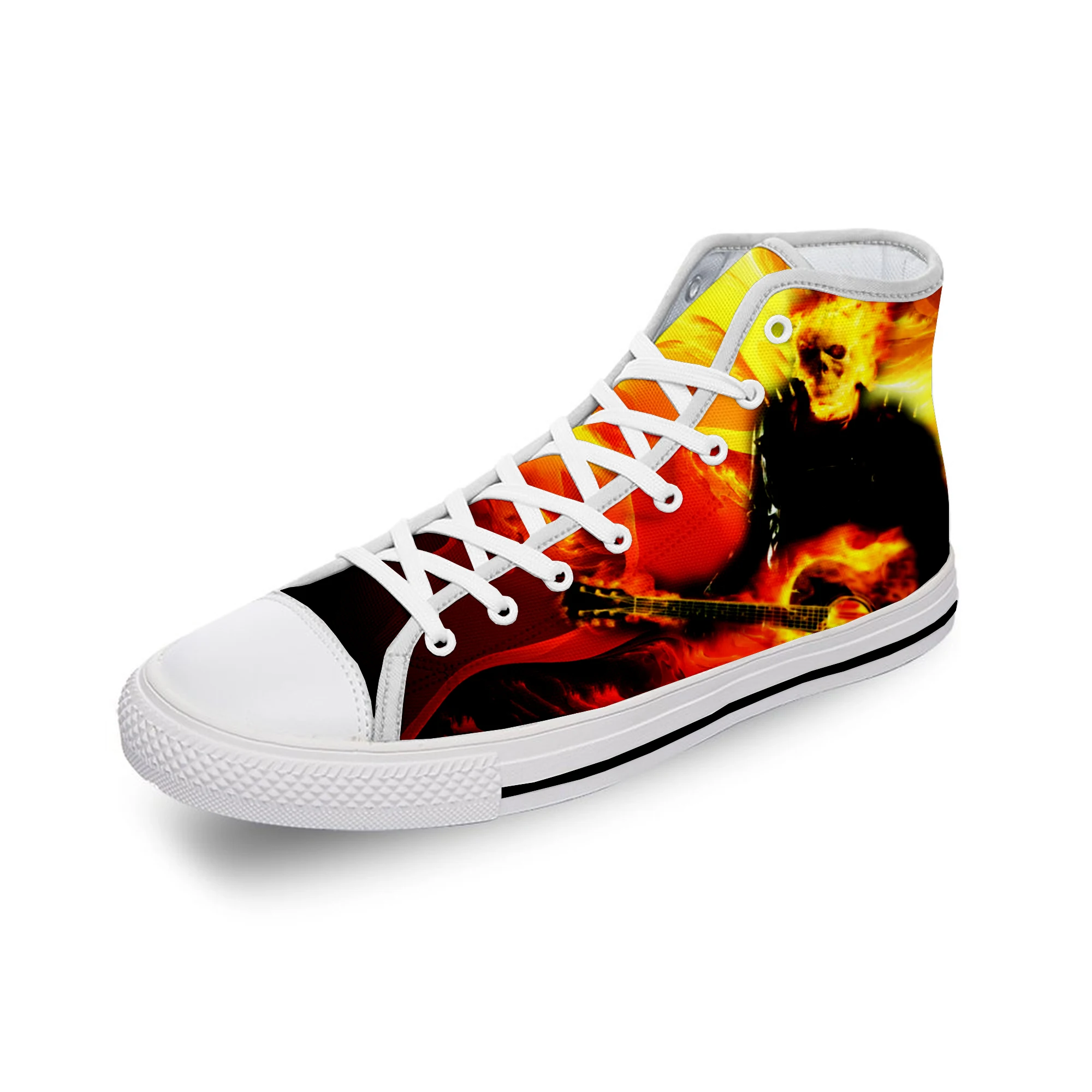 Skull Guitar Flame Metal Rock Cool White Cloth Fashion 3D Print High Top Canvas Shoes Men Women Lightweight Breathable Sneakers