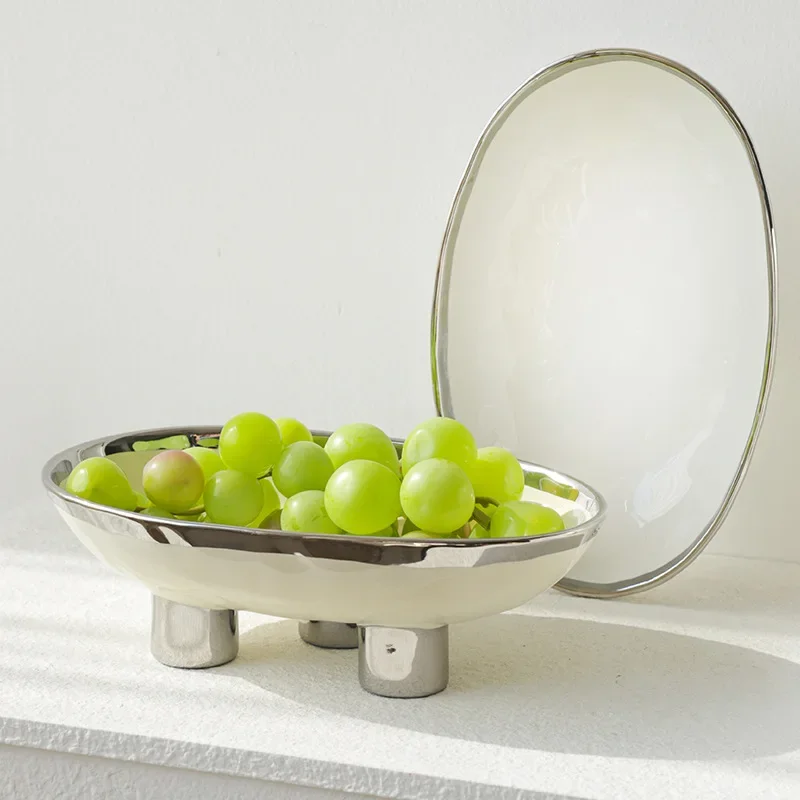 Modern Minimalist Creative Hand Crafted Ceramic Three High Legged Fruit Tray for Home Living Room Tabletop Fruit Candy Tray 3