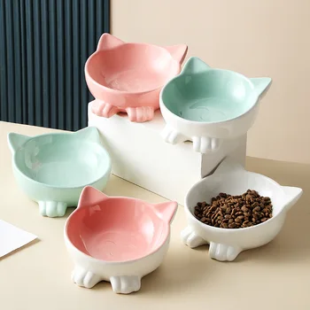 Cute Cat Bowl Ceramic Tilted Kitten Pet Bowls for Small Dogs Raised Cats Water Food Bowls Feeding Plates Eating Bowl Feeder