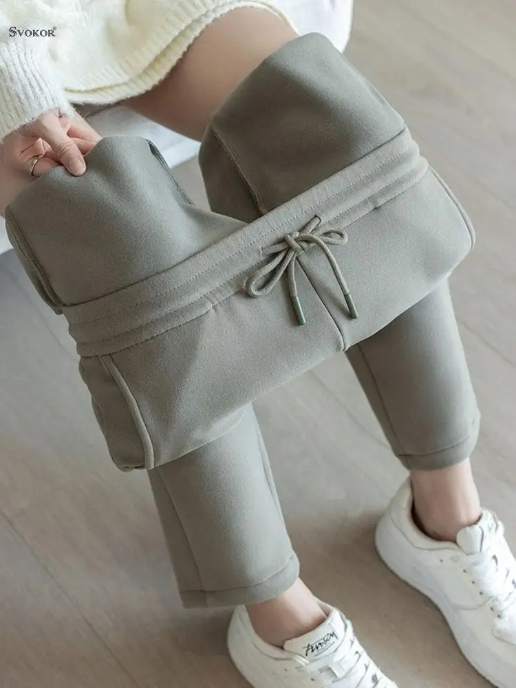 

SVOKOR Warm Velvet Sweatpants for Women High-Waisted Thickened Pants Windproof Trousers Winter Korean Clothing Outer Wear