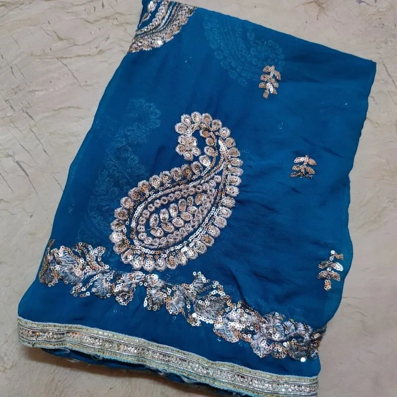 

Turquoise Dupatta Long Scarf Sequins Hand Embroidery Ethnic Georgette Veil