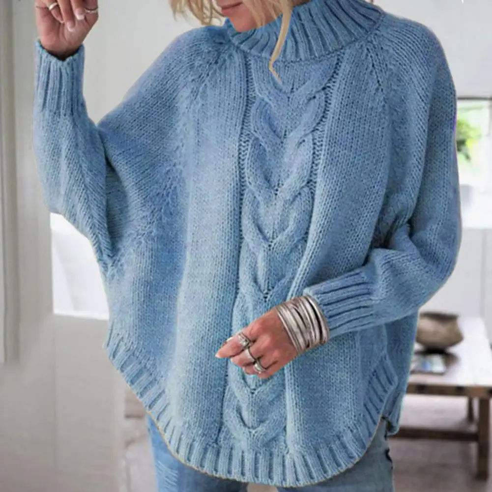 

Solid Color Lady Sweater Cozy Winter Sweater Thick Knit Turtleneck Neck Protection Dolman Sleeve Pullover for Women Stay Warm