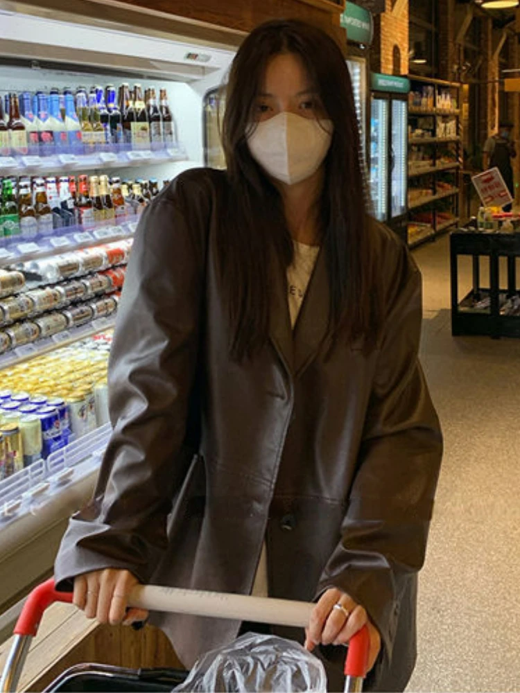 여성용 빈티지 단추 가죽 바이커 재킷, 한국 패션, 루즈 얇은 가죽 세트 블레이저, 여성 캐주얼 스트리트웨어, PU 시크 코트