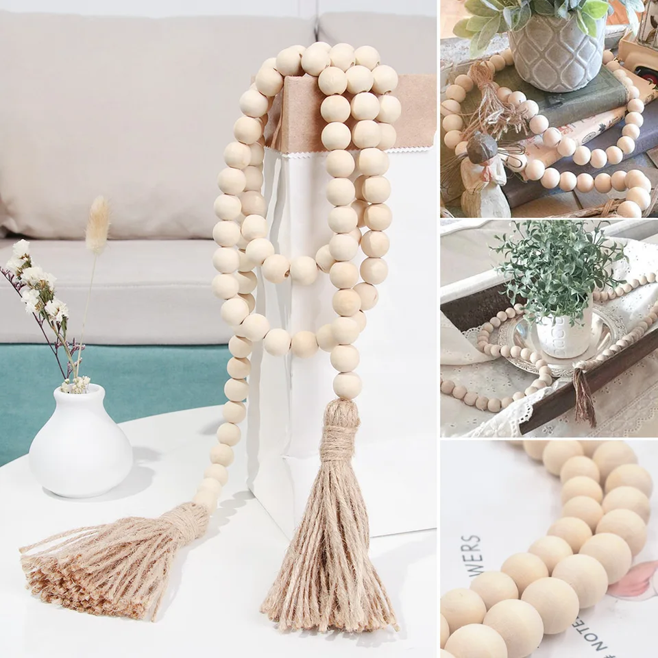 Ghirlanda Di Perline In Legno Fatte A Mano Con Nappa E Croce – 45 Perle, 80 Cm, Decorazione Boho Per Parete E Tavolo