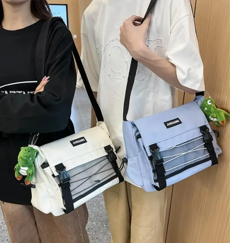 Harajuku Teenagers Nylon Crossbody Bag with Meshes Pouch, School Campus Student Shoulder Bag, Stylish Multi Pocket Messenger Bag