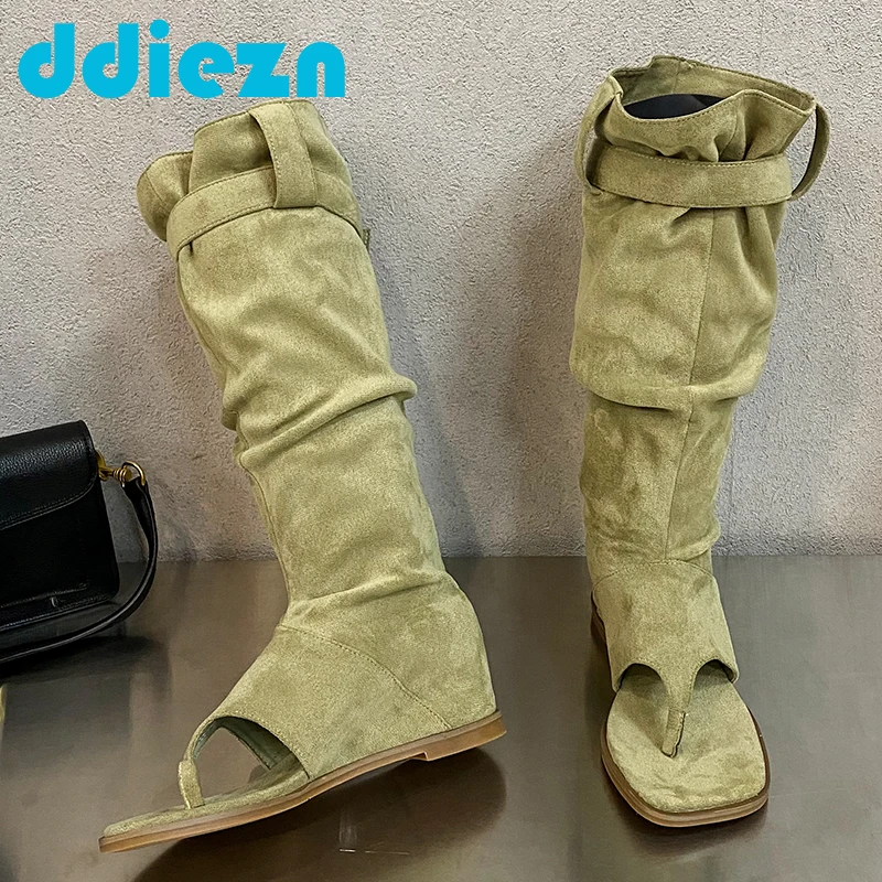 

New Wedges Knee-High Sandals Boots Womens Flock New Stretch Long Boots For Ladies Stretch Footwear Flip Flops Female Shoes