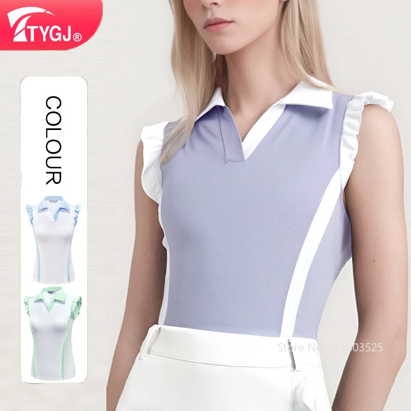 TTYGJ Quick Drying Golf Polo T Shirt Women Sleeveless Ruffle Tank Top Fly Sleeve Stretchy Shirts Lady V-Neck Sports Clothing For Golf