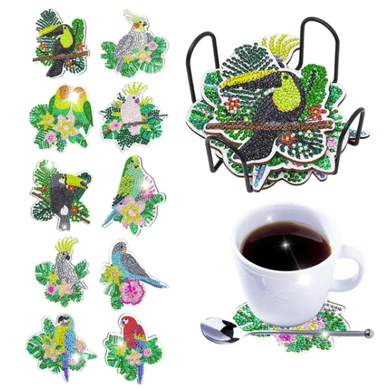 

10PCS Handmade DIY Diamond Painting Coaster Set Green Parrot DIY Wooden Diamond Painting Heat Insulation Non-Slip Coasters
