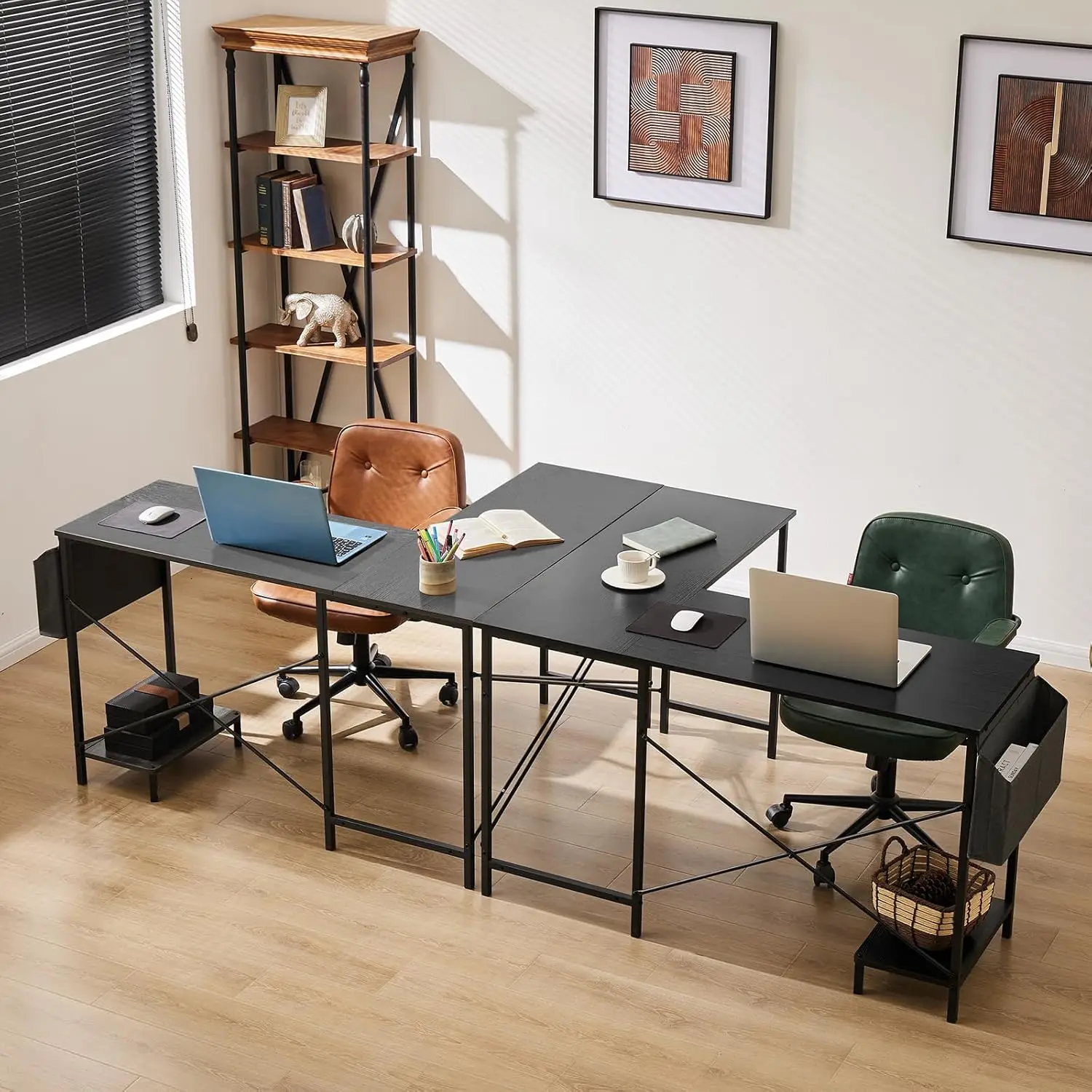 L Shaped Computer Desk - Gaming Table Corner Desk 50 Inch PC Writing Black Desk Study Desks w/ Wooden Desktop CPU Stand Side 3