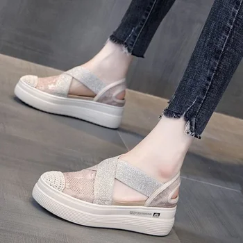 여름 메쉬 통기성 슬리퍼, 여성 바오터우 샌들, 웨지, 청키 힐, 높이 조절 플랫폼, 숙녀 두꺼운 밑창 레이스 신발
