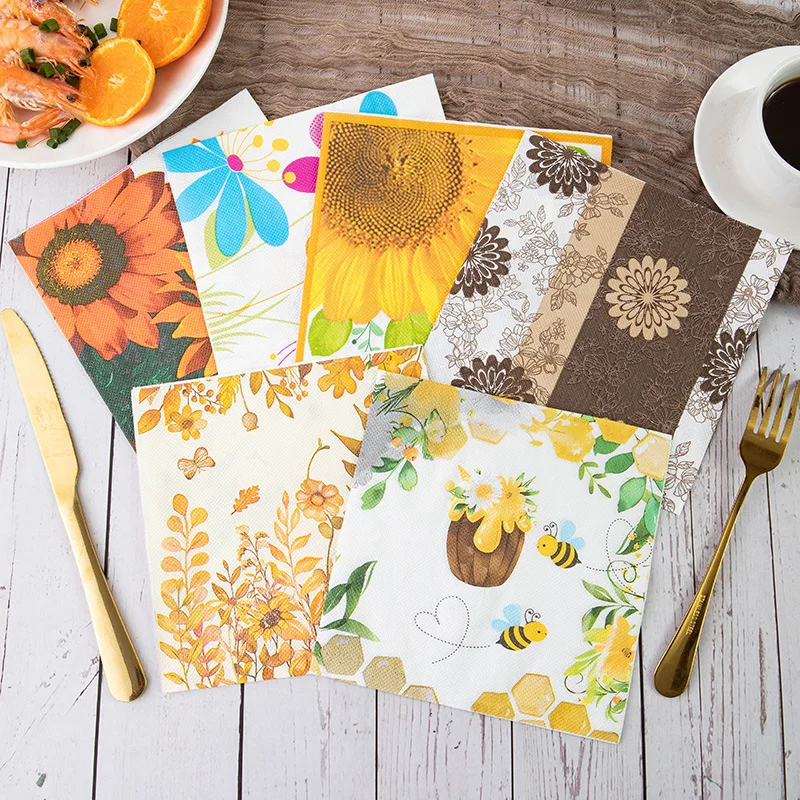 20pcs/Pac 33*33cm 2-Ply New Sunflower Printed Napkins Botanical Bee Colourful Paper Napkins Party Decoration Square Napkins