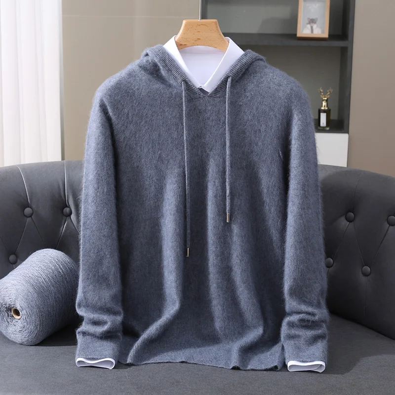 Men's hooded sweater autumn winter 100% mink cashmere sweater casual knitted pullover long-sleeved solid color loose knitted top 4