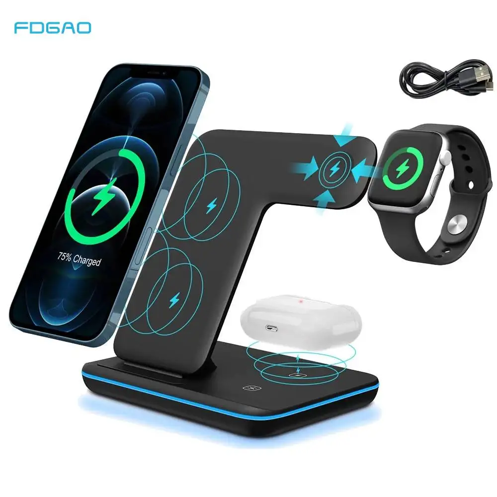 3 In 1 15W Fast Wireless Charger Pad Dock Station Per Iphone 15 14 13 12 11 Pro Max Xs Xr X 8 Apple Watch 8 7 Se 6 Airpods 3 Pro