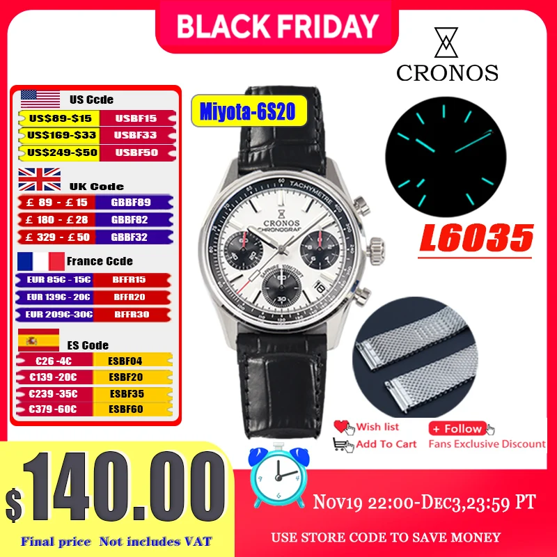 Cronos New Chronograph Quartz Men Watch Miyota S620 Black&White