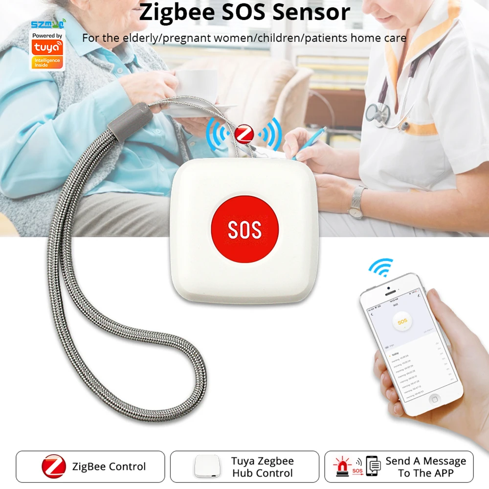 Medical Alert Button Emergency Alarm Button Zigbee Wifi Elderly Panic Button Tuya Sauce Push Notification Wireless Emergency Alarm For Disable Person Ag&eacute;e Smartlife App