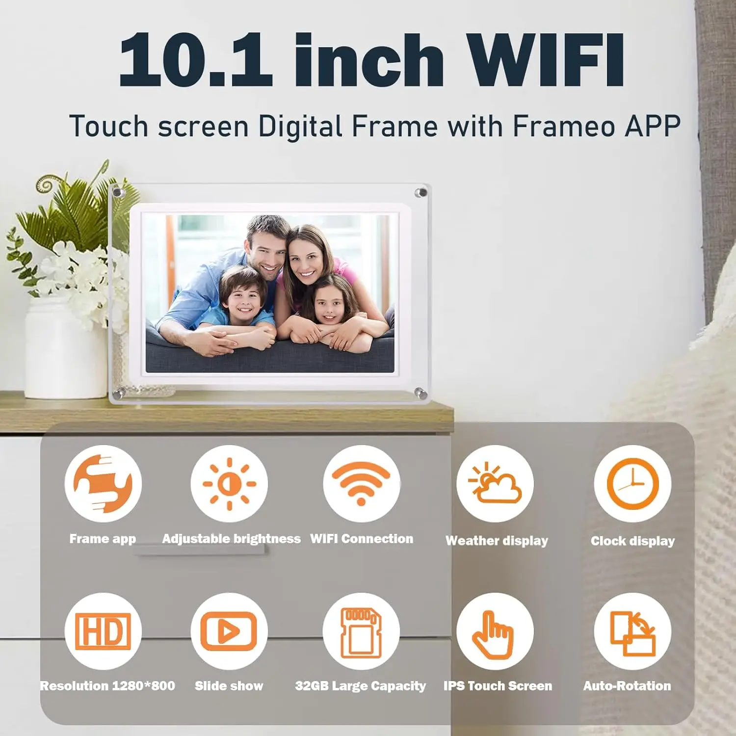 Frameo 와이파이 아크릴 디지털 액자 라이브 사진 비디오 프레임, 32GB 메모리, 1280x800 IPS LCD 터치 스크린 Maovz, 10.1 인치