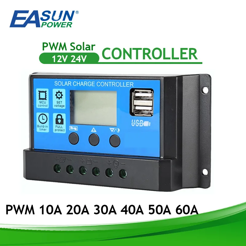 Easun Solar Charge Controller 12V 24V Auto 10A 20A 30A 40A 50A 60A Pwm 5V Regolatore Di Uscita Pv Home Caricabatteria Lcd Dual Usb