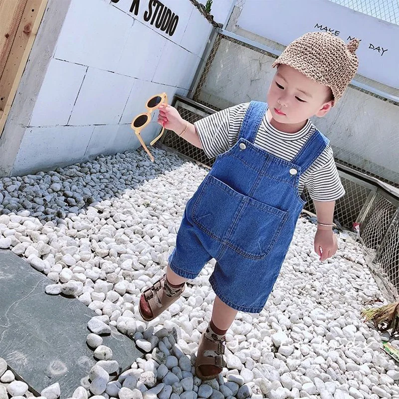 

80-120 Yards Child Summer Solid Color Overalls Shorts Boy Girl Thin Soft Denim Shorts Korean Western Style All-match Baby Shorts