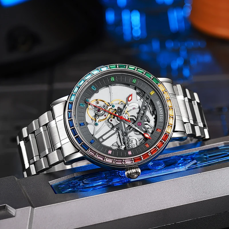 Dianpai Orologio meccanico da uomo, multifunzione, completamente automatico, scavato, impermeabile, alla moda, 6049B, Verde