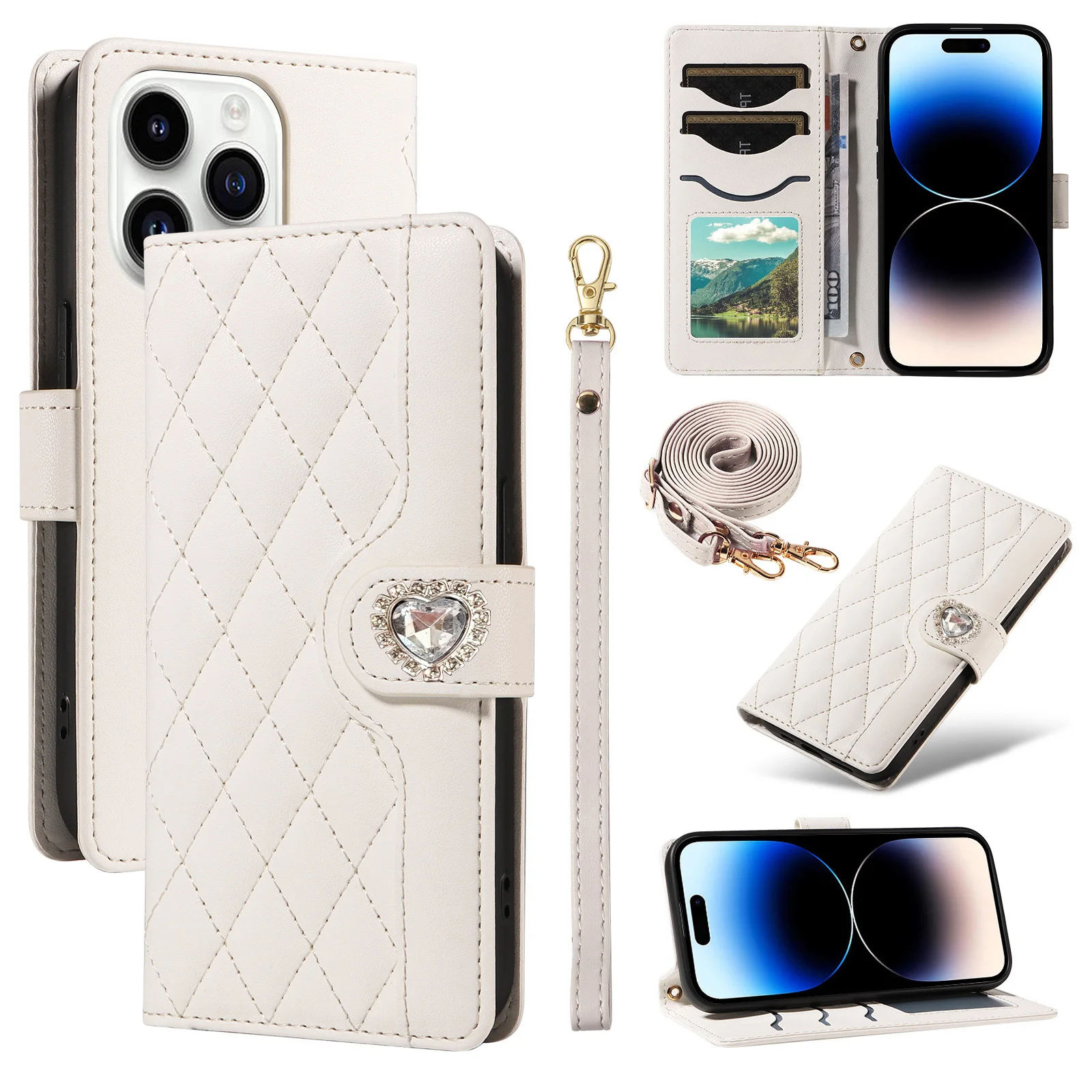 Elegant Diamond Leather Crossbody Flip Wallet Case with Wrist Strap and Card Slots