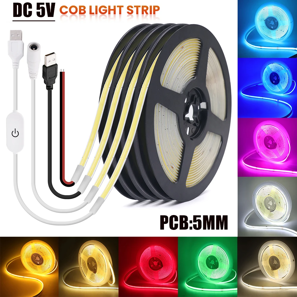 

COB Strip 5V USB Touch Dimmerable 320Leds/M White Pink Yellow Ice Blue Red Green Battery Powered Flexible Ribbon RopeLED Light