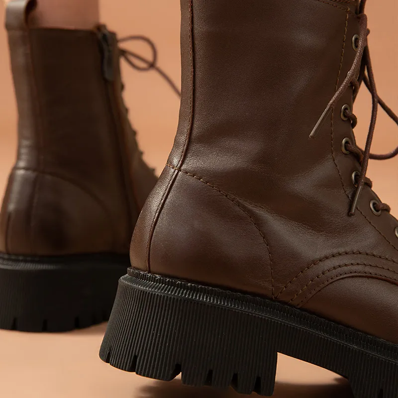 Women Winter Ankle Boots Cow Leather Platform Boots Round Toe Zipper Thick Sole Motorcycle Bootie winter snow boots