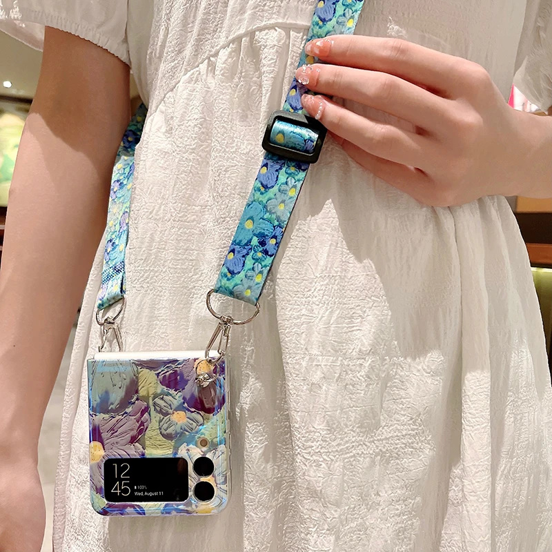 Oil Painting Flower Crossbody Lanyard Strap Case with Blu-ray Hard Shell and Chain Rope