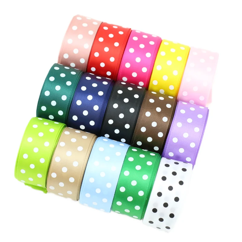 Satin Ribbons 1inch = 2.5cm 25mm Polka Dot Printed Satin Ribbons 2Meters/Lot DIY Headband Hairclips Bow Ties Fabric Gift Box Wrapping
