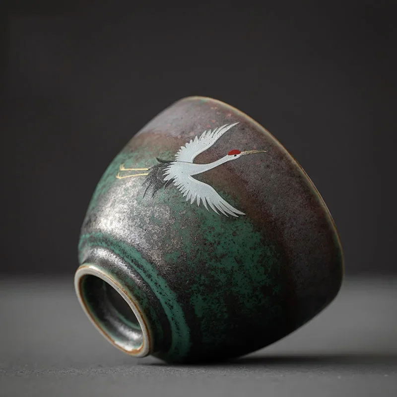 Traditional Chinese Style Tea Cup Flying Crane Pattern Retro Ceramic Teacup Coffee Cup Coarse Pottery Cups