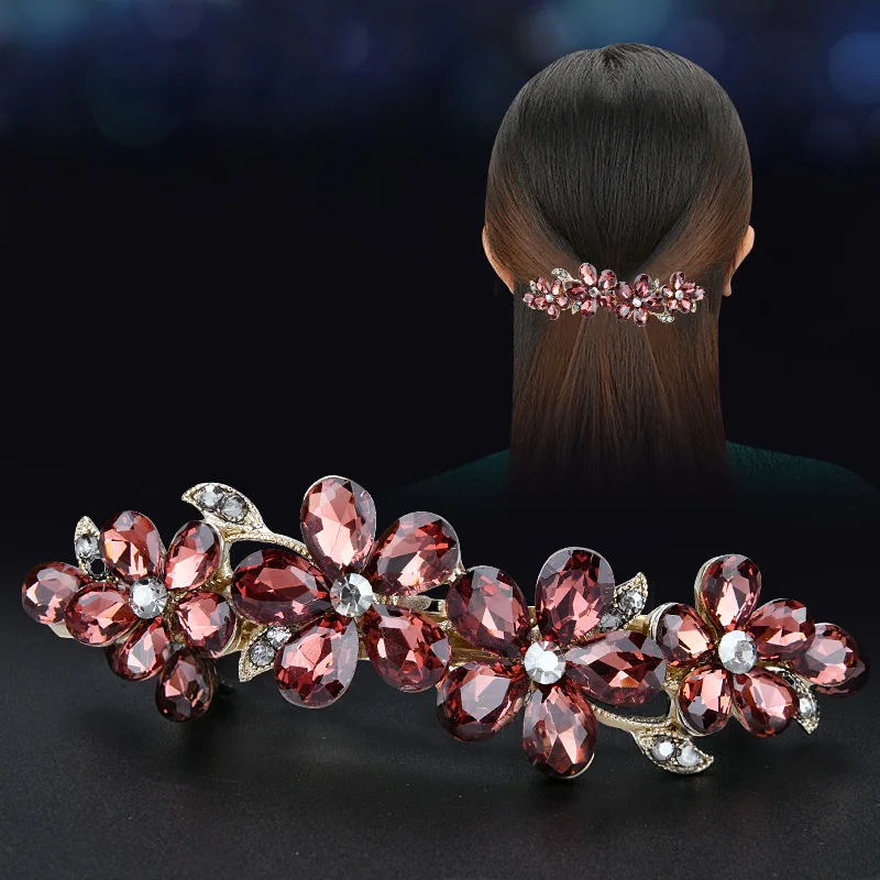 Korean Crystal Flower Spring Hair Clip Vintage Rhinestone Horizontal Clip Top Elegant Mom Fashion Hair Accessories hair clip