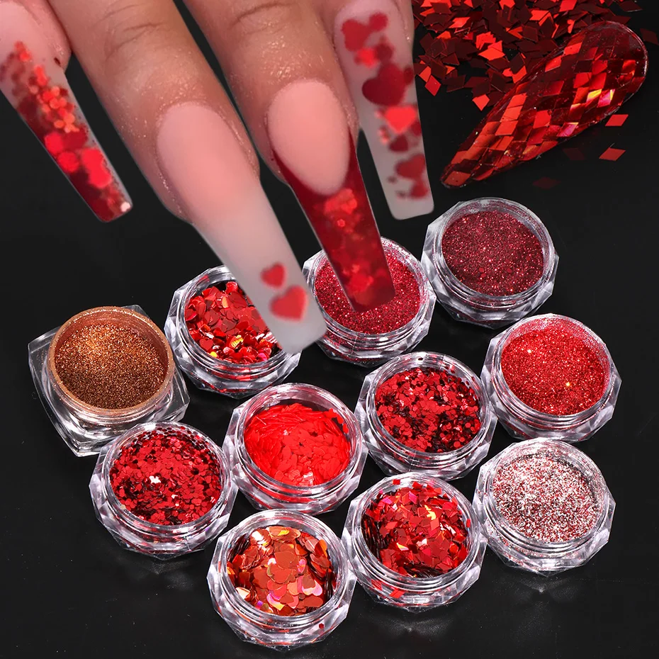 Red Glitter Nail Power Mirror Chrome Pigment Dust Love Heart Cherry Blossoms Flakes Paillettes Olografiche Decorazione Per Unghie Befg