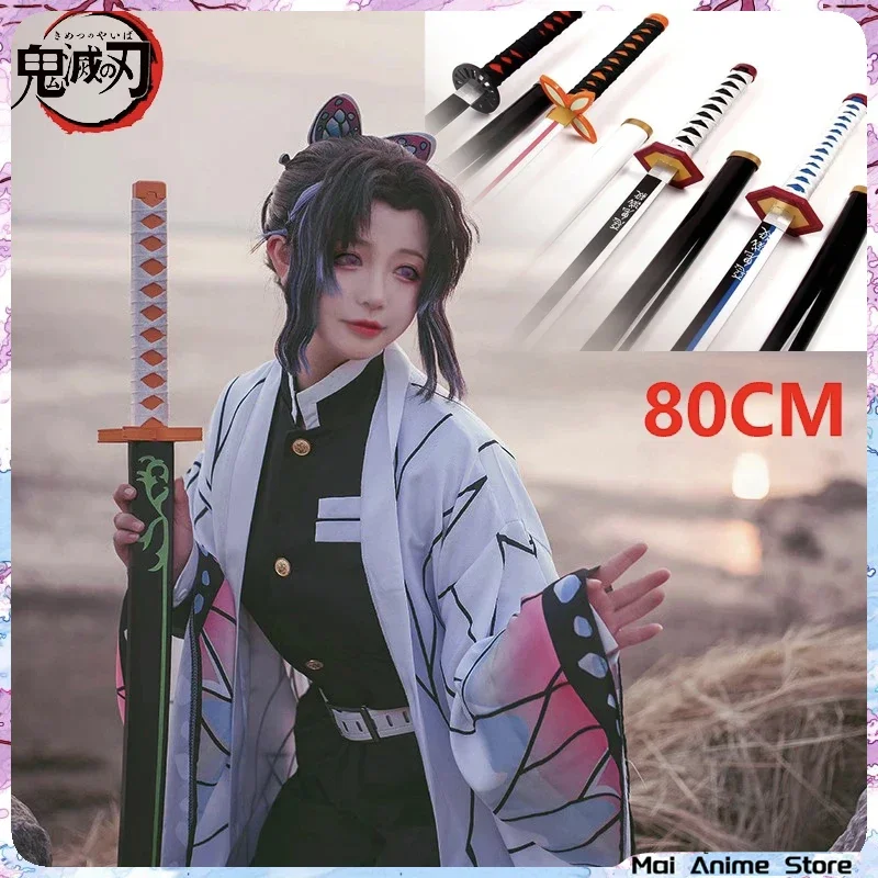 Katana de Demon Slayer, espada de madera Kimetsu No Yaiba, Tanjirou Zenitsu, utilería de Cosplay, Arma de hoja Ninja, modelo de juguetes, 80cm