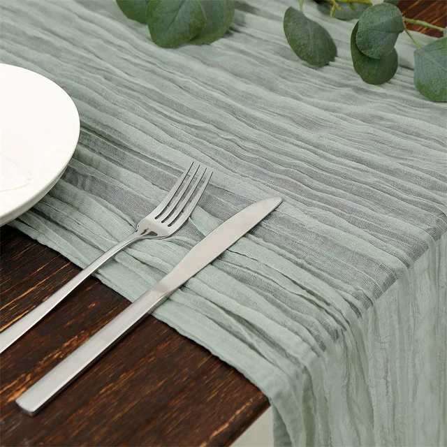 Félig Géz Esküvői Party Karácsonyi Bankettek Asztali Futó Sage Cheesecloth Asztal Beállítási Étkező Vintage Ívek Torta Dekoráció - Image 5