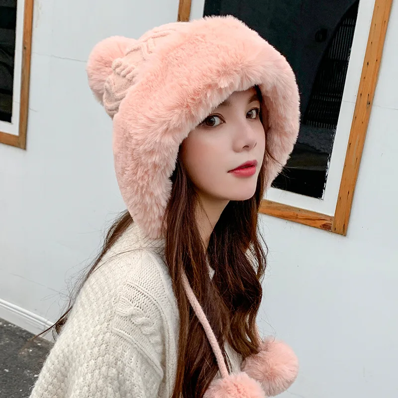  - Thicken hat new style ladies fur ball plus velvet warm hood outdoor autumn and winter cold-proof fashion cute woolen wholesale