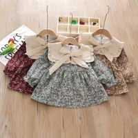 Children's Long sleeved Dress Spring and Autumn Girl Baby Solid Color Round Neck Fragmented Flower Bow Princess Dress 1