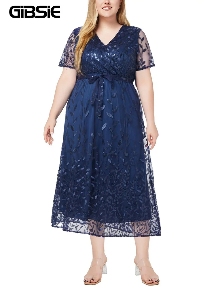 

GIBSIE Plus Size Elegant V-neck Short Sleeve Belted Party Dresses For Women 2024 New High Waist Embroidered Bridesmaid Dress