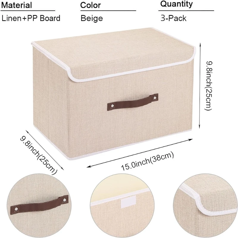 Foldable Cotton Linen Fabric Storage Box Large Capacity Clothes Storage Basket Toys Organizer with Lid for Home Bedroom Closet 3