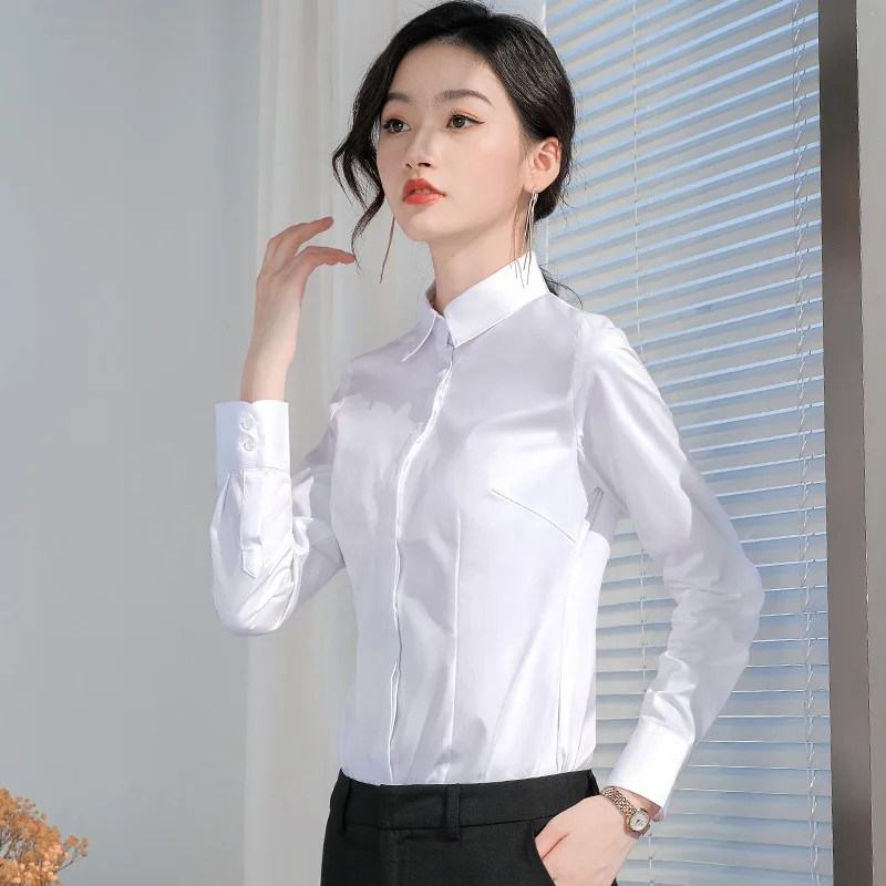 Korean Quality Autumn Womens Button Dark Red Shirt Cotton Blouses Work Lothes Long Sleeve Ladies Office White Feminina Tops　