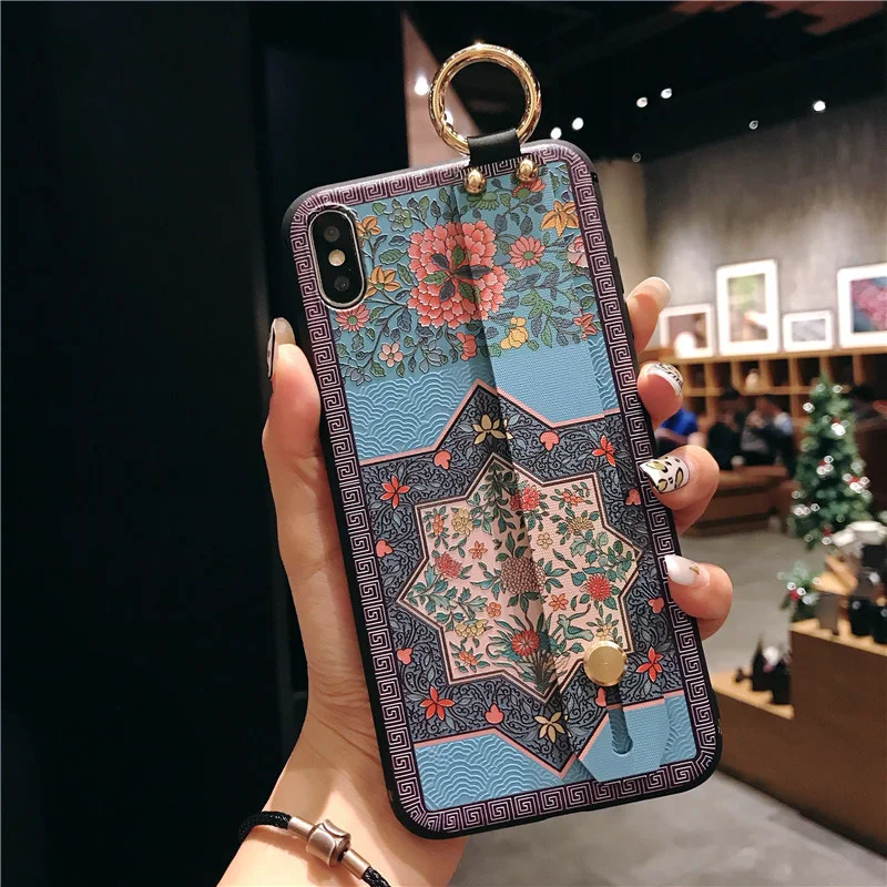 Traditional Flower Soft TPU Phone Holder Case with Wrist Strap Cover