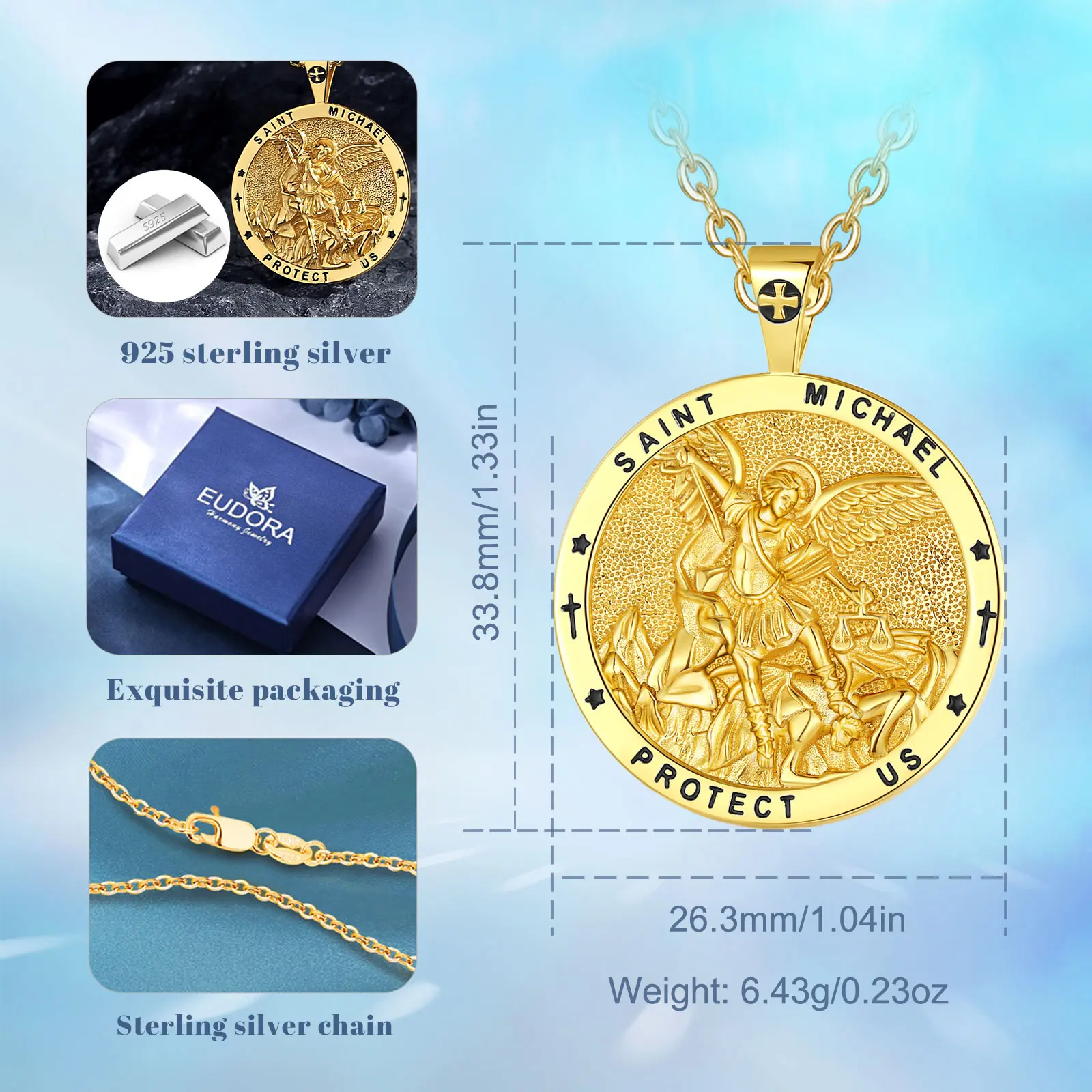 Saint Michael Sterling Silver Round Medal Pendant, 1 1/4 Inch