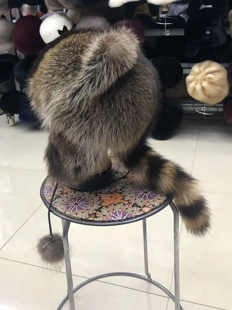 Fur Hat Winter Raccoon Fur Bomber Hat Cat Ears Balls Trapper Hat Women Girls Outdoor Snow Earflap