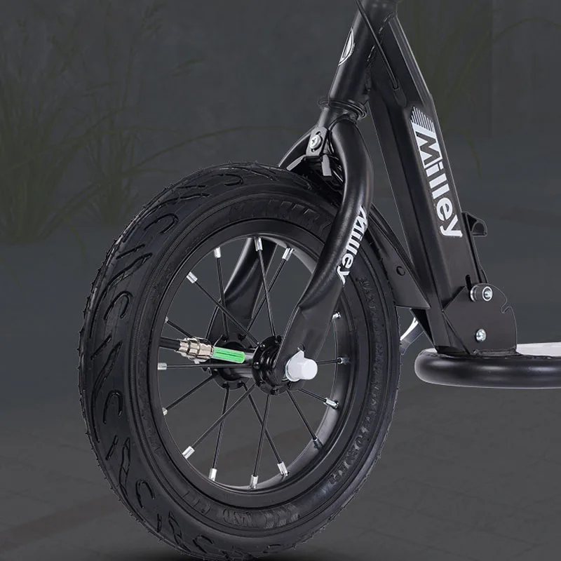 Kick Scooter Kids and Teens Folding Design 12 Inch Wheels Air-Filled Tires Wide Foot Deck Brakes