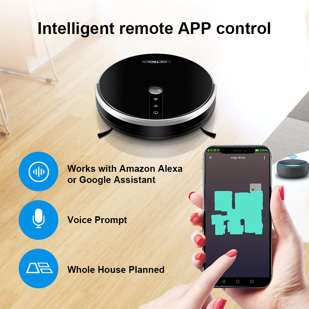 مكنسة كهربائية LIECTROUX C30B روبوت مع خريطة ثنائية الأبعاد والملاحة والذاكرة ، تعمل مع Alexa و Google Assistant