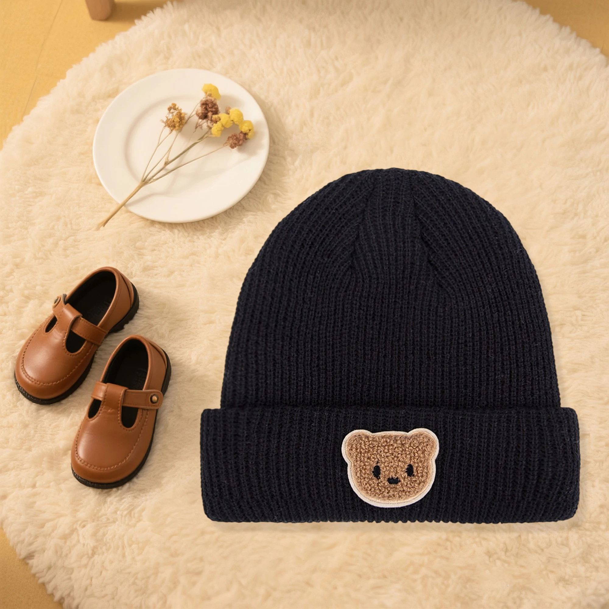 Cute Pom Pom Knit Beanie Hats for Toddlers Soft Winter Warm Caps with Bear Patch for Boys and Girls Cozy Infant Skull Caps