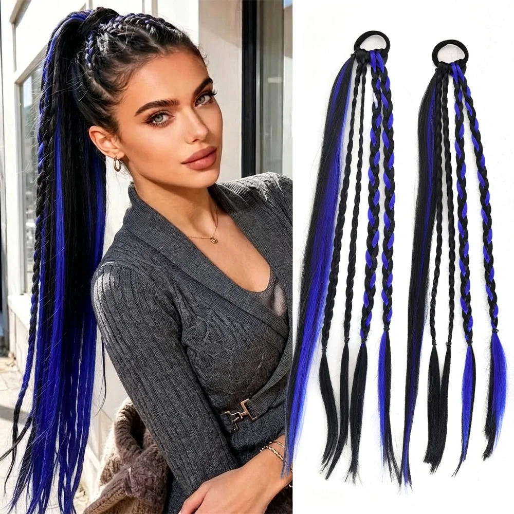 Extension per Coda di Cavallo Lunga Intrecciata, Estensioni di Capelli Sintetici, Treccine Colorate Rosso e Nero con Elastico, Accessorio per Capelli da Donna